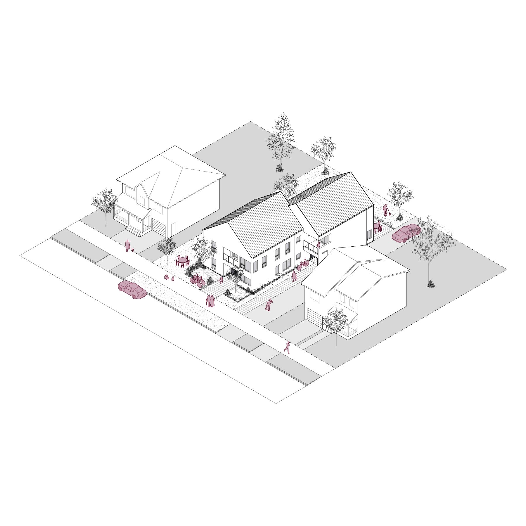 A 3D line rendering of the Fourplex 02, which is approximately 2,013 square feet. It shows the building’s integration into a typical neighbourhood, emphasizing its multi-unit design.